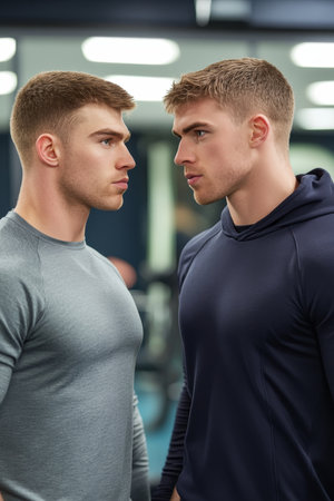Face Off Intense Focus Shared Between Two Male Gym Buddies During Personal Training Sessionの素材