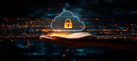 Open Hand Holding a Digital Cloud with Padlock Icon for Data Security, Blue Technologyの素材