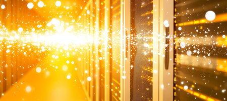 Server Room Glow Futuristic Data Center with Bright Orange. Light Trails and Bokeh Effects.の素材