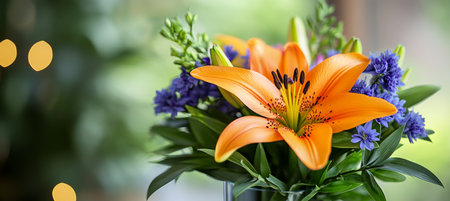 Vibrant Orange Lily Blossom With Purple Accents Floral Spring Textured Background Design,の素材
