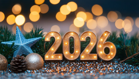New Year 2026 Lighted Numbers Decoration, Blue Star Ornament, Coniferous Sprigs, Pine Conesの素材