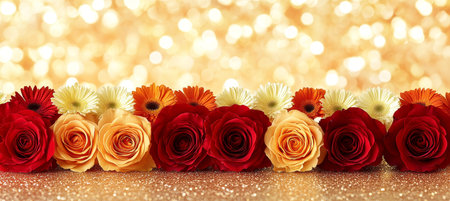 Beautiful Arrangement of Red, Orange, and Yellow Roses and Daisies on Gold Glitter Backgroundの素材