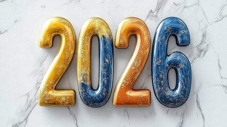 2026 Metallic Gold and Blue Numbers on White Marble Background, New Year Design Elementの素材