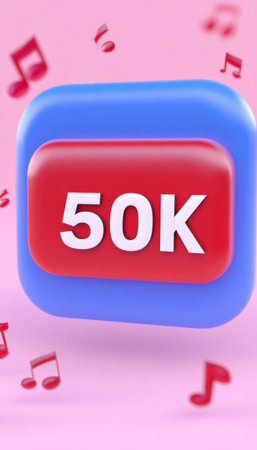 Social Media. 3D Illustration, Button With 50k Subscribers, Followers On Pink Background.の素材