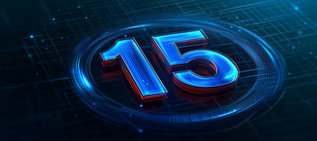 Blue Digital Number 15 on Futuristic Glowing Background, Technology and Celebration Conceptの素材