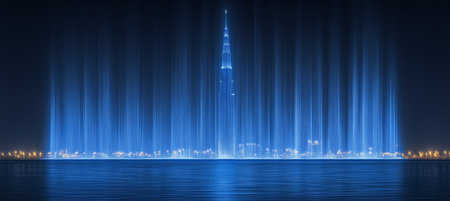 Modern City Skyline at Night with Futuristic Blue Light Rays. Architecture, Innovation Concept.の素材