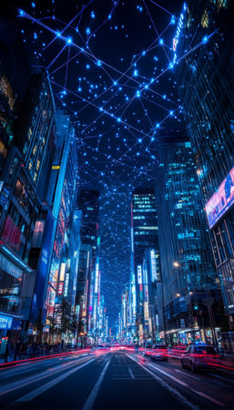Futuristic Cityscape, Illuminated By Network of Blue Dots, Light Trails From Traffic Below At Nightの素材