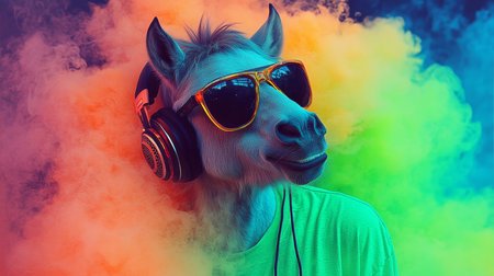 Neon Party Animal Cool Horse DJ Enveloped in Colorful Smoke Wears Headphones and Sunglassesの素材