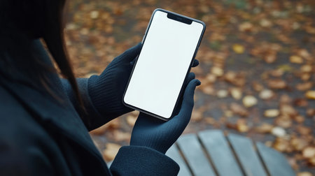 Woman in Black Using Smartphone, Blank White Screen, Autumn Park Background, Copy Spaceの素材
