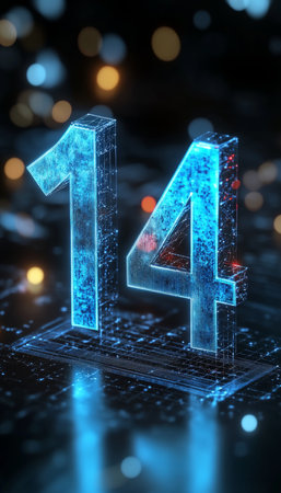 Glowing Blue 3D Number 14 on Digital Abstract Background for Technology, Futuristic Themeの素材