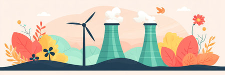Green Energy Transformation Wind Turbines And Industrial Plants Coexisting With Nature s Beautyの素材