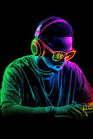 DJ In Colorful Neon Outline, Stylish Illustration For Music, Entertainment, Or Technologyの素材