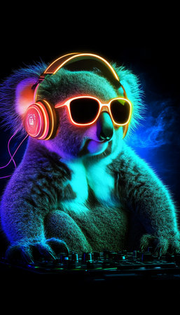 Cool Neon Party DJ Koala with Headphones and Sunglasses, Vibrant Nightlife Illustrationの素材