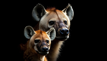 Hyenas Portrait, Two Spotted Hyenas in Close Proximity on a Black Background, Studio Shotの素材