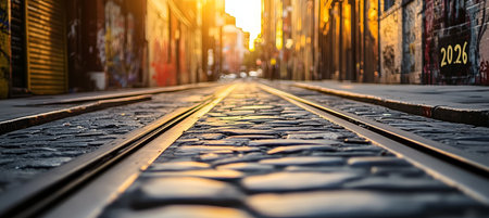 Golden Hour Sunlight on Empty Cobblestone Street with Train Tracks and Urban Graffiti Art, 2026の素材