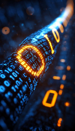Digital Stream, Glowing Binary Code in Motion Visualization of Futuristic Technologyの素材