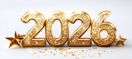 Golden Glitter 2026 Numbers With Stars On White Background, Happy New Year 2026 Conceptの素材