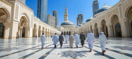 Group Of Muslim Men Walking In Modern Mosque Courtyard With Blue Sky, Cityscape Backgroundの素材