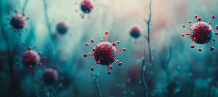 Microscopic World Artistic Depiction of Bacteria and Viruses, Blurred Background, Space for Textの素材