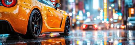 Urban Speedster Vibrant Sports Car with Blurred City Lights reflecting on the wet asphalt Roadの素材