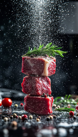 Raw Beef Cubes Stacked With Rosemary and Peppercorns, Food Photography on a Dark Backgroundの素材