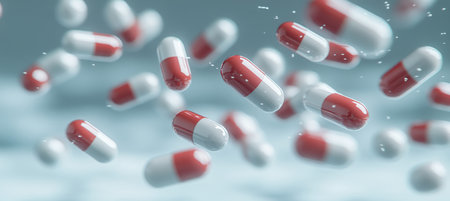 Pharmaceutical Innovation Dynamic Arrangement Of White And Red Capsules On A Light Blue Gradientの素材