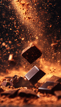 Dark Chocolate Explosion Chunks, Shards, and Cocoa Powder in Mid-Air, Dynamic Studio Photographyの素材