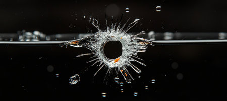 Shattered Glass With Bullet Hole Impact On Black Background, Close Up, Showing Abstract Damageの素材