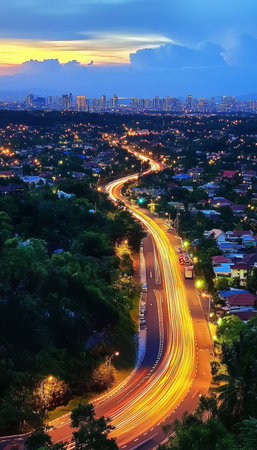Winding Road Through Suburbia at Dusk, Aerial View with Light Trails and Dramatic Skyの素材