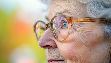 Reflective Gaze, Wrinkles of Time Close Up of a Senior s Face Contemplating Life s Journeyの素材