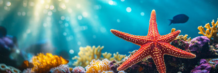 Vibrant Coral Reef, Starfish, Turquoise Water. Sunlight, Undersea, Tropical Sea Life, Stock Photoの素材