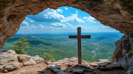 Wooden Cross Inside a Mountain Cave with Scenic Hillside View, Representing Faith and Spiritualityの素材