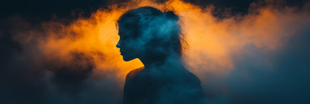 Silhouette Of Melancholy Young Woman Isolated, Expressing Struggle Of Mental Health And Addictionの素材