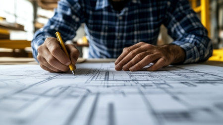 Architect s Hands Meticulously Drafting Detailed Blueprints for a New Construction Projectの素材