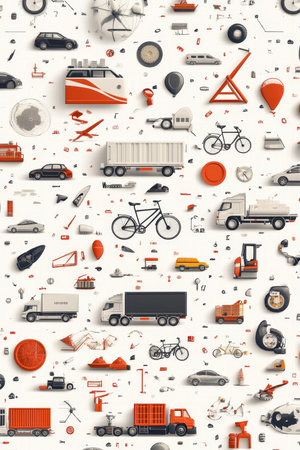 Transportation and Logistics Background, Vivid Icons of Cars, Trucks, Bikes in Cheerful Patternの素材