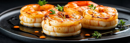Gourmet Appetizer Delicious Grilled Tiger Prawns Plated with Exquisite Presentation.の素材
