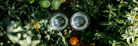 Fresh Green Herbs, Fruits, and Two Water Glasses A Top-Down View, Refreshing Summer Conceptの素材