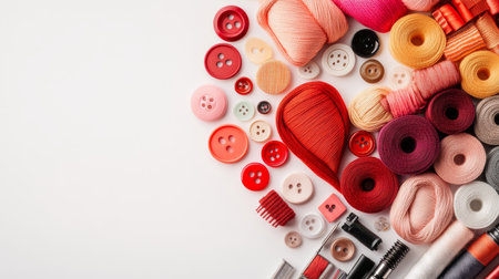 Sewing And Craft Supplies Arranged In The Shape Of A Heart On A White Background. Flat Lay.の素材