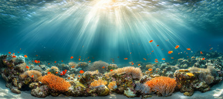 Sun Shafts, Vibrant Colors. Underwater Paradise, A Diverse Coral Reef Ecosystem Flourishingの素材