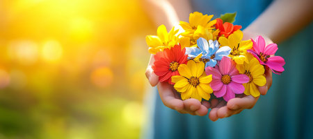 Child s Hands Holding Spring s Beauty A Vibrant Bouquet of Wildflowers in the Warm Summer Sunshineの素材