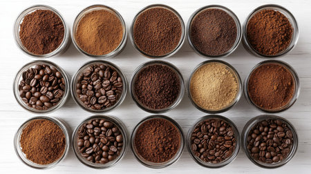 Freshly Ground Coffee Collection Flat Lay of Various Roasts in Cups on White Backgroundの素材