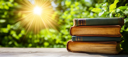 Stack of old books bathed in warm sunlight, against a backdrop of lush green foliage.の素材