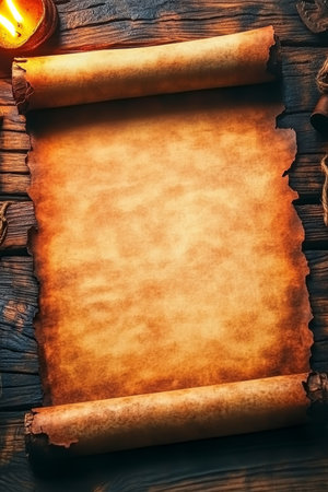 Old Parchment Paper Sheet, Ancient Vintage Texture Background With Cracked Edges On Wooden Tableの素材