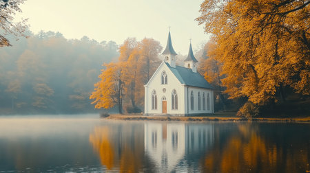 Serene White Church on a Foggy Autumn Lake, Surrounded by Colorful Trees and Mountain Forestsの素材