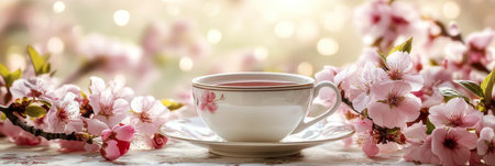 Vintage Teacup Amidst Spring Blossoms Serene Breakfast Setting with Delicate Floral Bokehの素材