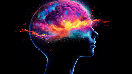 Human Head Silhouette with a Colorful, Vibrant Brain Explosion, Depicting Creativity, Inspirationの素材