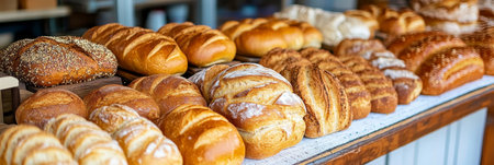 Bakery Shelf Display, Freshly Baked Bread Loaves in Various Shapes and Styles, Food Industryの素材