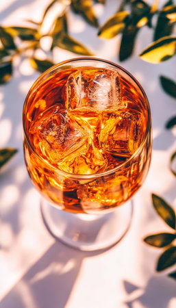 Whiskey Cocktail With Ice In Glass On White Table, Summer Refreshing Alcohol Drink, Top View.の素材