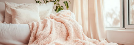 Cozy Scandinavian Living Room Interior Sofa with Knit Blanket, Cushions, and Window Lightの素材