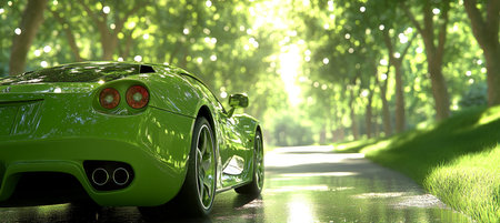 Green Luxury Sports Car Parked on Roadside in Scenic Park, with Sunlight Through Canopy.の素材